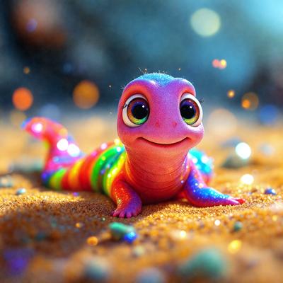 The primary subject of the image is a colorful, rainbow-striped lizard. It is sitting on a sandy surface, possibly a beach, with a background of sand and water. The visual style of the image is a combination of photo and digital art, creating a vibrant and lively atmosphere. The dominant colors in the image are the rainbow stripes on the lizard and the sandy tones of the background.